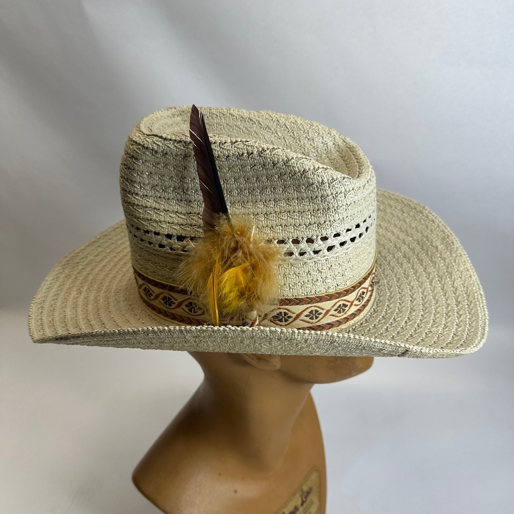 Tan Vented Straw Cowboy Hat XL 7 1/2 7 5/8 Feather Band Southwestern Western